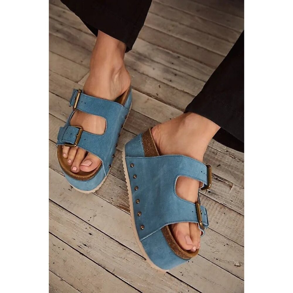 New Intentionally Blank Rule Breaker Suede Platform Sandals Blue Size 39 Us 8.5